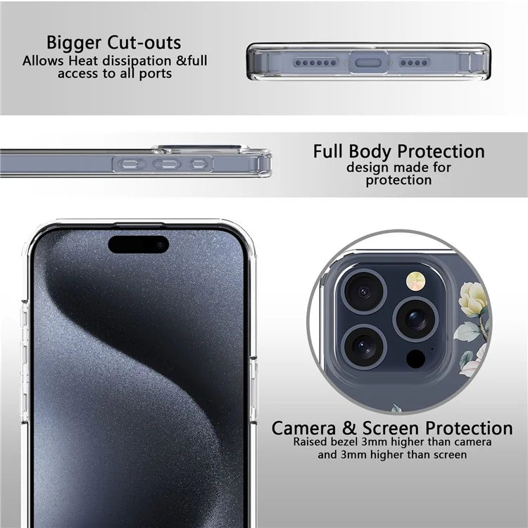 For iPhone 15 Pro Clear Case IMD Flower Pattern Soft TPU Mobile Phone Cover