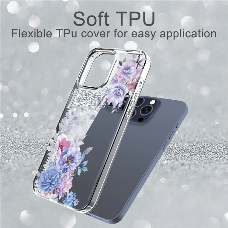 For iPhone 15 Pro Clear Case IMD Flower Pattern Soft TPU Mobile Phone Cover