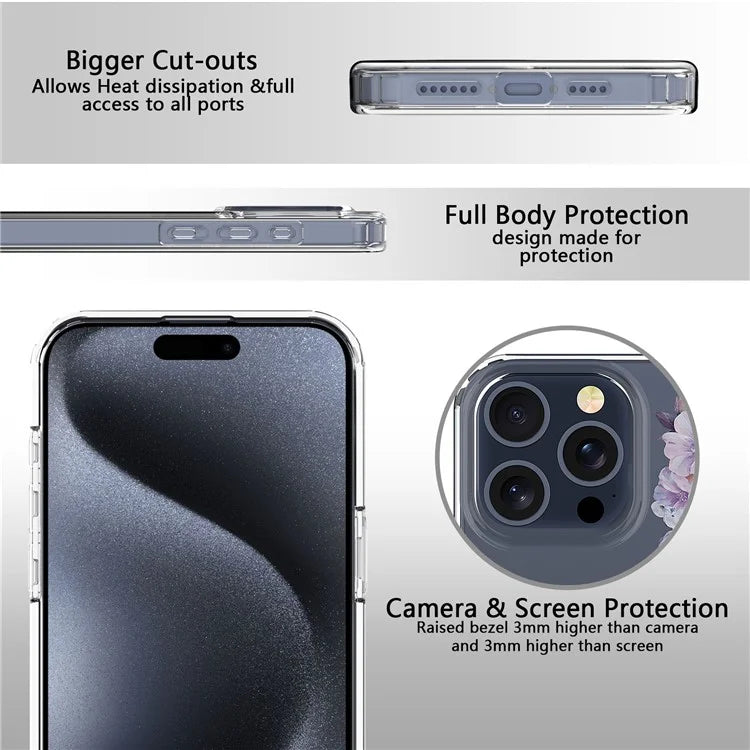 For iPhone 15 Pro Clear Case IMD Flower Pattern Soft TPU Mobile Phone Cover