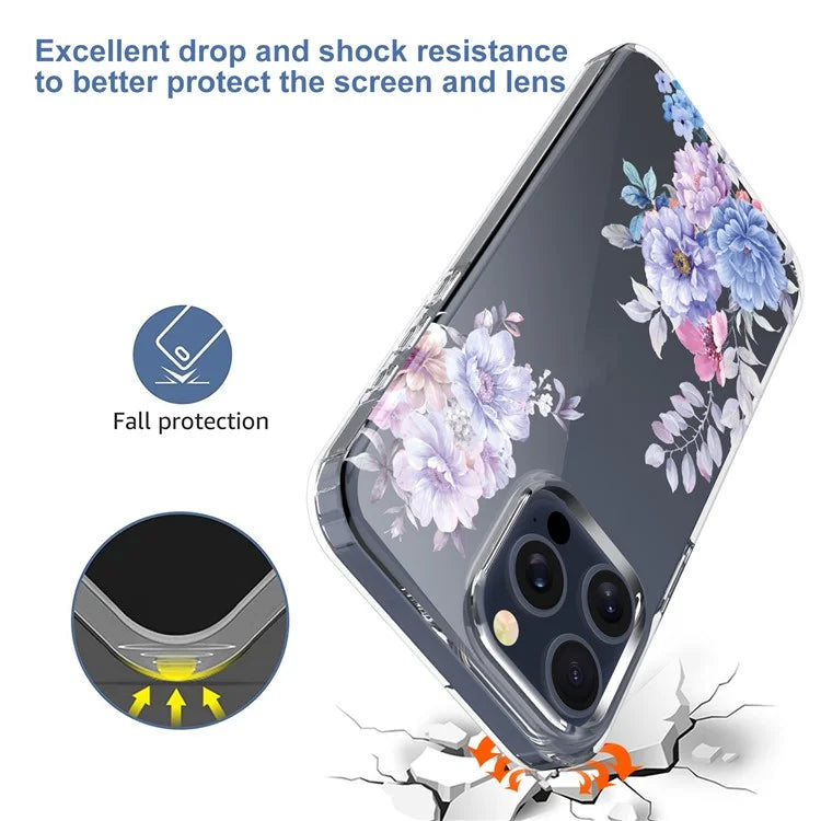 For iPhone 15 Pro Clear Case IMD Flower Pattern Soft TPU Mobile Phone Cover