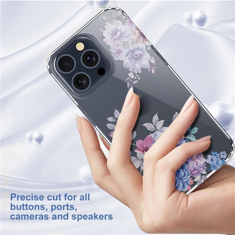 For iPhone 15 Pro Clear Case IMD Flower Pattern Soft TPU Mobile Phone Cover