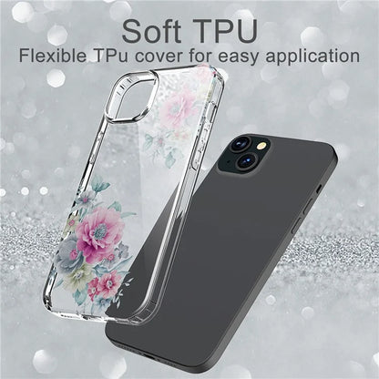 For iPhone 15 Clear Case IMD Flower Pattern TPU Flexible Phone Protector