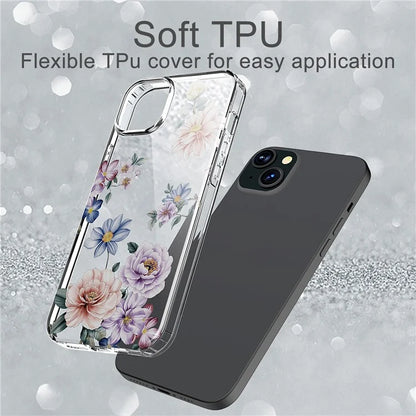 For iPhone 15 Clear Case IMD Flower Pattern TPU Flexible Phone Protector