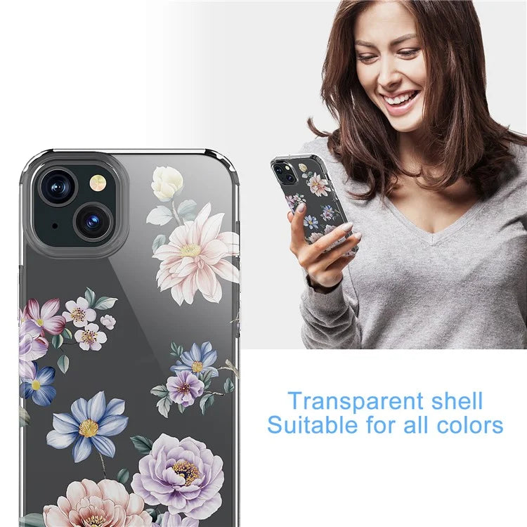 For iPhone 15 Clear Case IMD Flower Pattern TPU Flexible Phone Protector