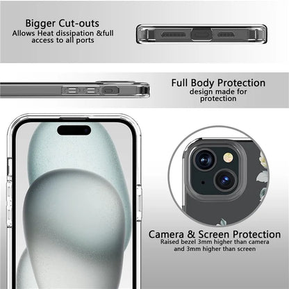 For iPhone 15 Clear Case IMD Flower Pattern TPU Flexible Phone Protector