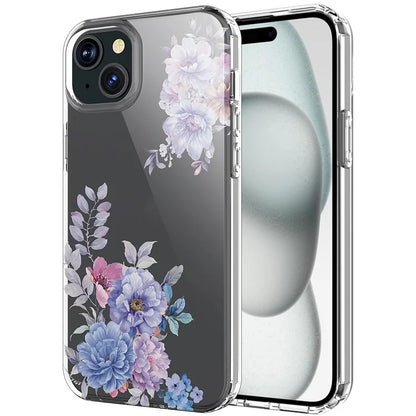 For iPhone 15 Clear Case IMD Flower Pattern TPU Flexible Phone Protector