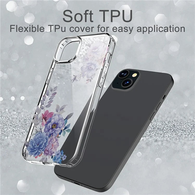 For iPhone 15 Clear Case IMD Flower Pattern TPU Flexible Phone Protector