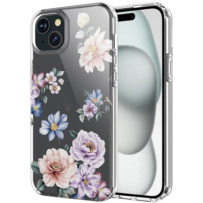 For iPhone 15 Plus Cell Phone Case Transparent Flower Pattern TPU Anti-scratch Cover