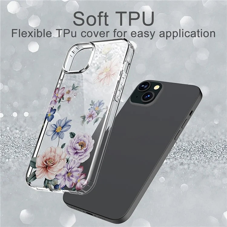 For iPhone 15 Plus Cell Phone Case Transparent Flower Pattern TPU Anti-scratch Cover