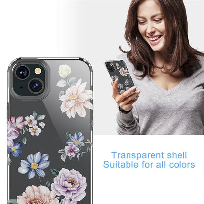 For iPhone 15 Plus Cell Phone Case Transparent Flower Pattern TPU Anti-scratch Cover