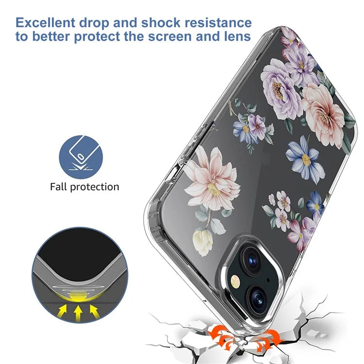 For iPhone 15 Plus Cell Phone Case Transparent Flower Pattern TPU Anti-scratch Cover