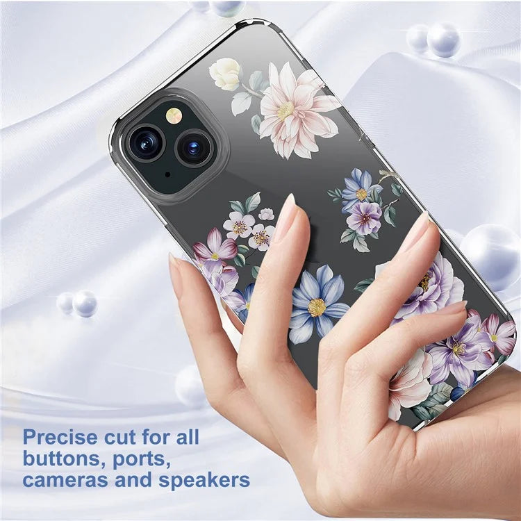 For iPhone 15 Plus Cell Phone Case Transparent Flower Pattern TPU Anti-scratch Cover