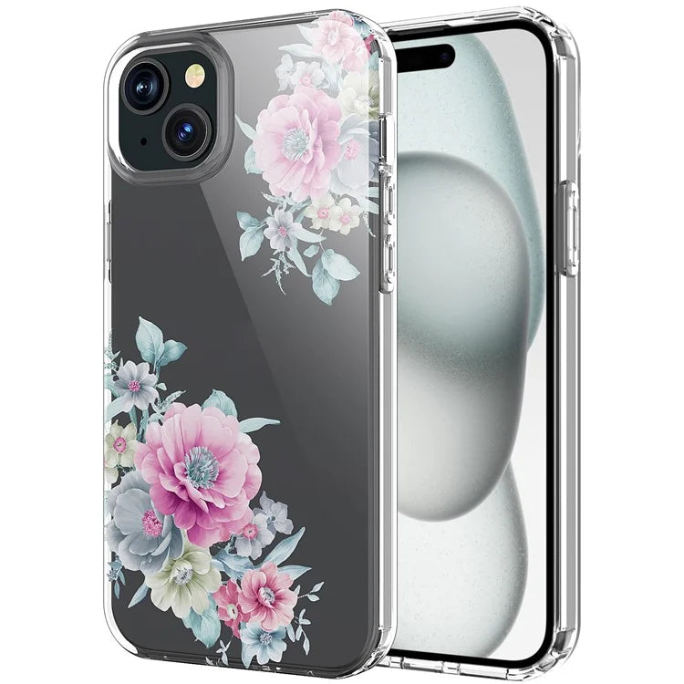 For iPhone 15 Plus Cell Phone Case Transparent Flower Pattern TPU Anti-scratch Cover