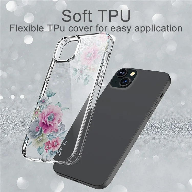 For iPhone 15 Plus Cell Phone Case Transparent Flower Pattern TPU Anti-scratch Cover