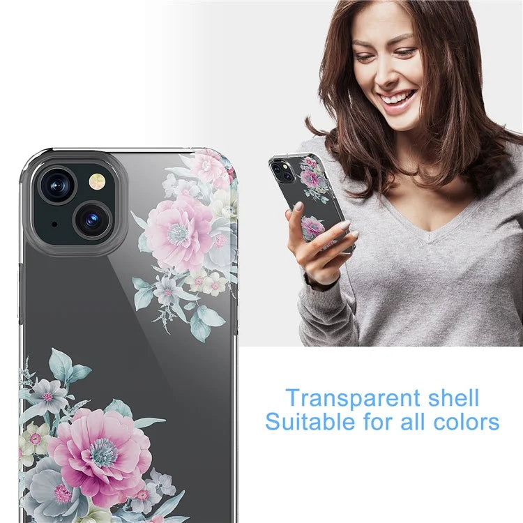 For iPhone 15 Plus Cell Phone Case Transparent Flower Pattern TPU Anti-scratch Cover