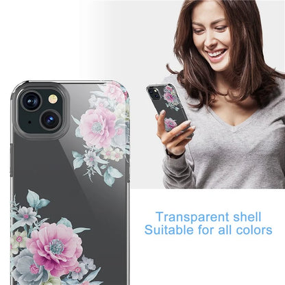 For iPhone 15 Plus Cell Phone Case Transparent Flower Pattern TPU Anti-scratch Cover