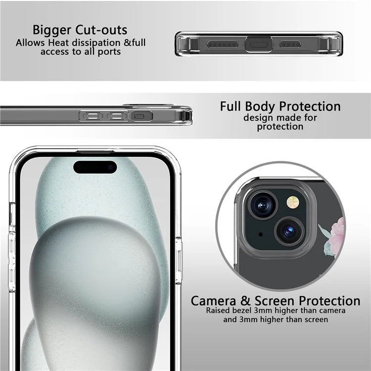 For iPhone 15 Plus Cell Phone Case Transparent Flower Pattern TPU Anti-scratch Cover