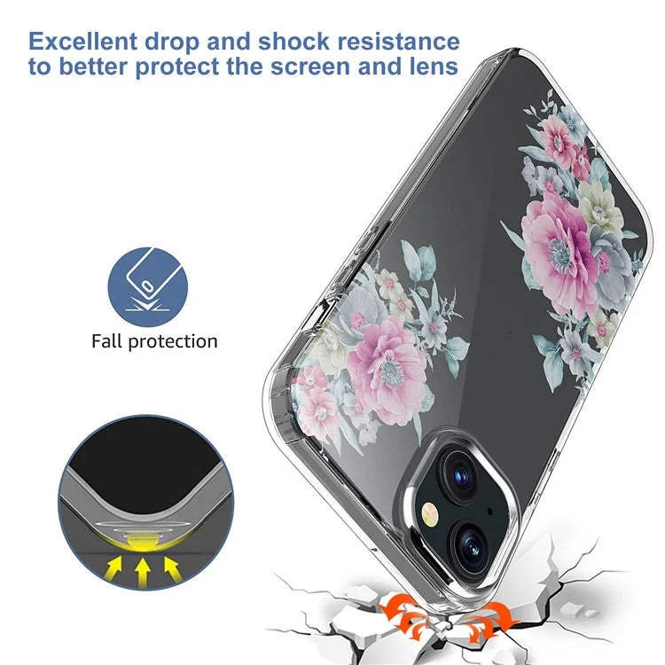 For iPhone 15 Plus Cell Phone Case Transparent Flower Pattern TPU Anti-scratch Cover