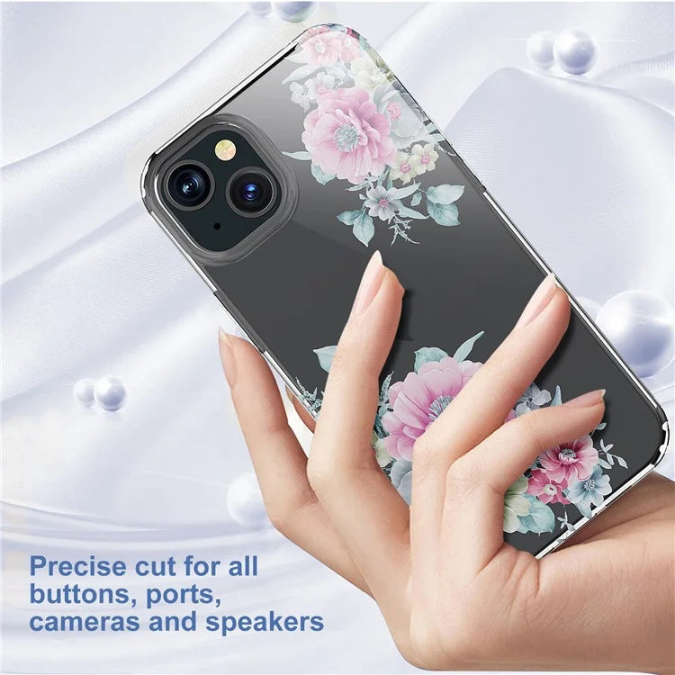 For iPhone 15 Plus Cell Phone Case Transparent Flower Pattern TPU Anti-scratch Cover