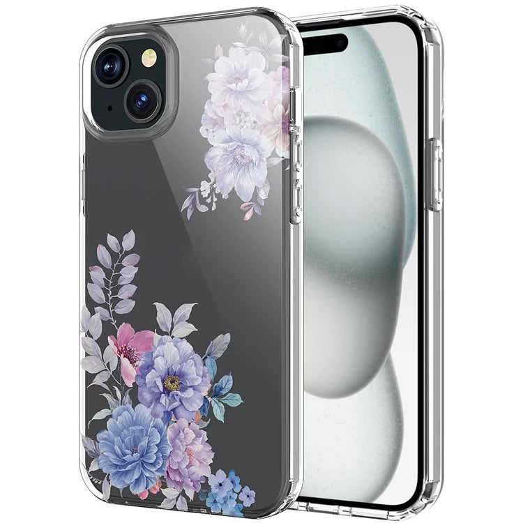 For iPhone 15 Plus Cell Phone Case Transparent Flower Pattern TPU Anti-scratch Cover