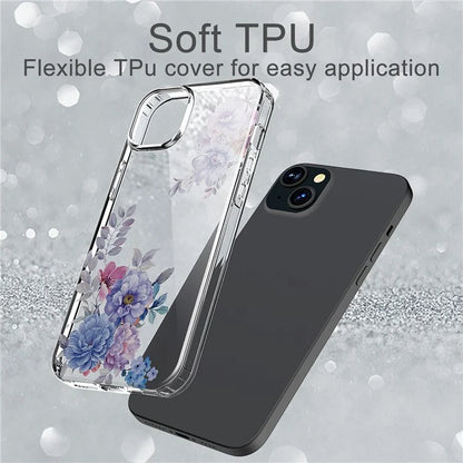 For iPhone 15 Plus Cell Phone Case Transparent Flower Pattern TPU Anti-scratch Cover