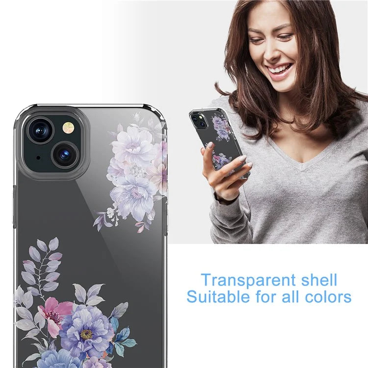 For iPhone 15 Plus Cell Phone Case Transparent Flower Pattern TPU Anti-scratch Cover