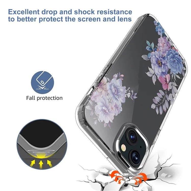 For iPhone 15 Plus Cell Phone Case Transparent Flower Pattern TPU Anti-scratch Cover
