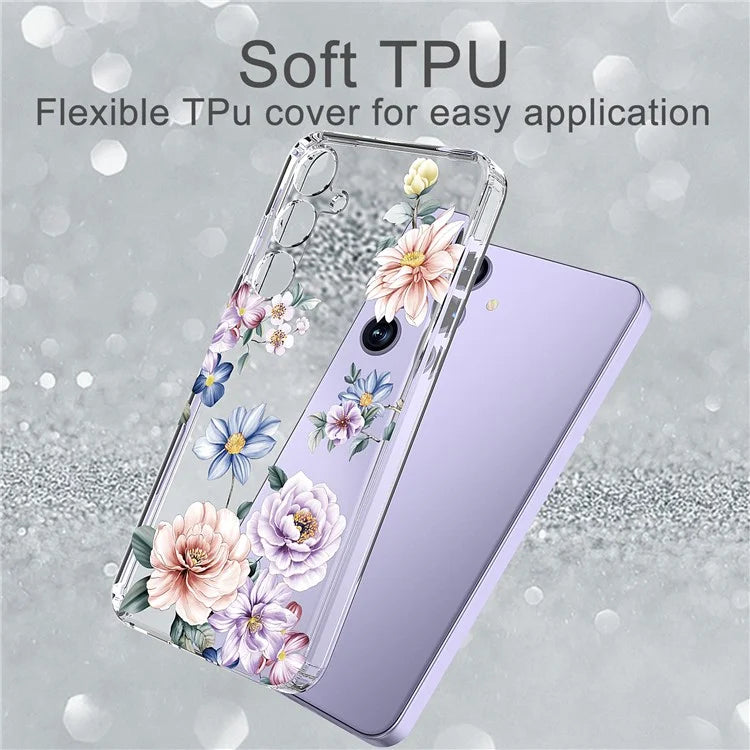 For Samsung Galaxy S24+ Case Clear Flower Pattern TPU Shock Absorbing Smartphone Cover