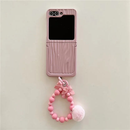For Samsung Galaxy Z Flip5 5G Kickstand Case Ripple Texture PC Phone Cover with Beads Hand Strap