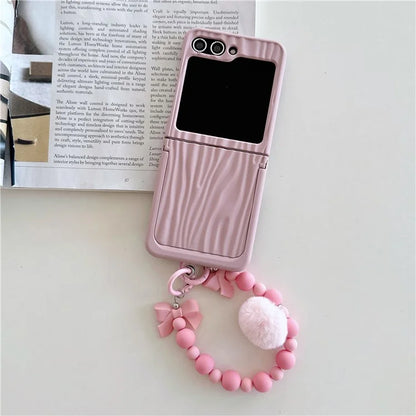 For Samsung Galaxy Z Flip5 5G Kickstand Case Ripple Texture PC Phone Cover with Beads Hand Strap