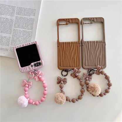 For Samsung Galaxy Z Flip5 5G Kickstand Case Ripple Texture PC Phone Cover with Beads Hand Strap
