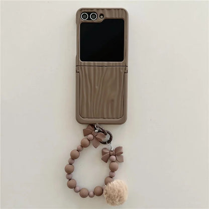 For Samsung Galaxy Z Flip5 5G Kickstand Case Ripple Texture PC Phone Cover with Beads Hand Strap