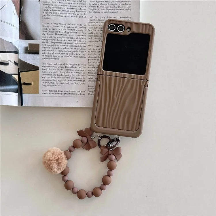 For Samsung Galaxy Z Flip5 5G Kickstand Case Ripple Texture PC Phone Cover with Beads Hand Strap