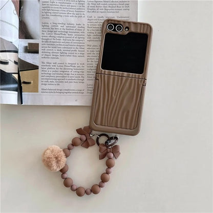 For Samsung Galaxy Z Flip5 5G Kickstand Case Ripple Texture PC Phone Cover with Beads Hand Strap