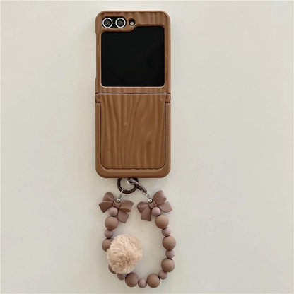 For Samsung Galaxy Z Flip5 5G Kickstand Case Ripple Texture PC Phone Cover with Beads Hand Strap