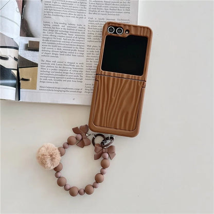 For Samsung Galaxy Z Flip5 5G Kickstand Case Ripple Texture PC Phone Cover with Beads Hand Strap