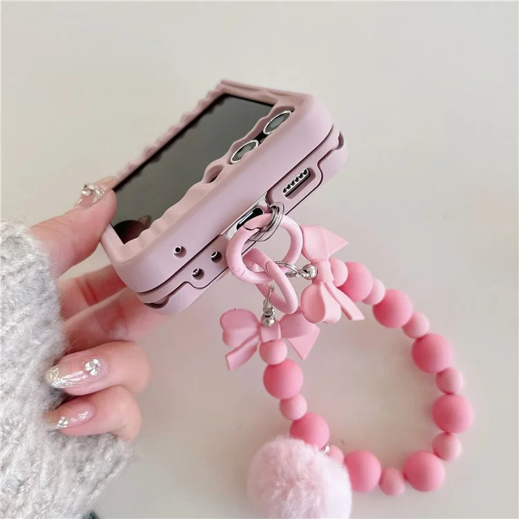 For Samsung Galaxy Z Flip5 5G Kickstand Case Ripple Texture PC Phone Cover with Beads Hand Strap