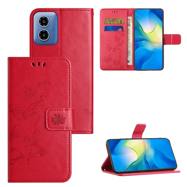 For Motorola Moto G04 4G / G24 4G Wallet Case PU Leather Stand Butterfly Flower Phone Cover