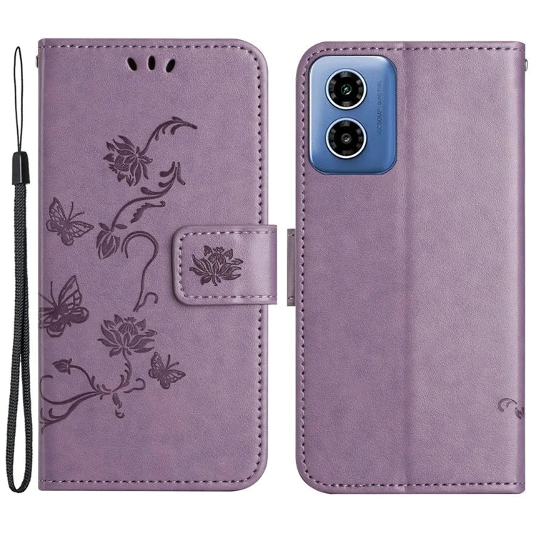 For Motorola Moto G04 4G / G24 4G Wallet Case PU Leather Stand Butterfly Flower Phone Cover