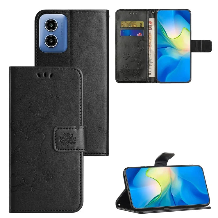 For Motorola Moto G04 4G / G24 4G Wallet Case PU Leather Stand Butterfly Flower Phone Cover