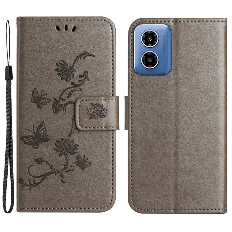 For Motorola Moto G04 4G / G24 4G Wallet Case PU Leather Stand Butterfly Flower Phone Cover