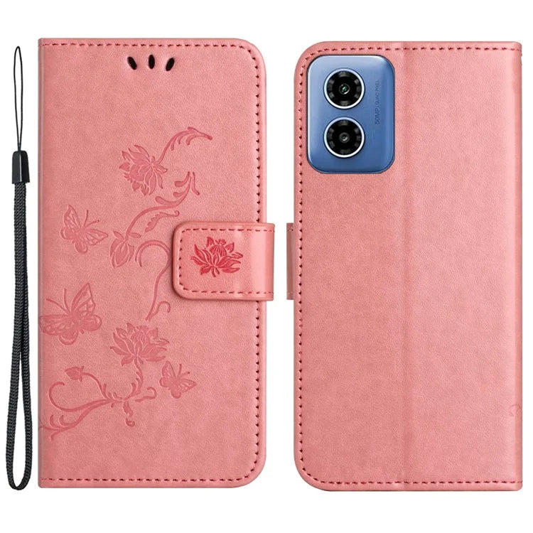 For Motorola Moto G04 4G / G24 4G Wallet Case PU Leather Stand Butterfly Flower Phone Cover