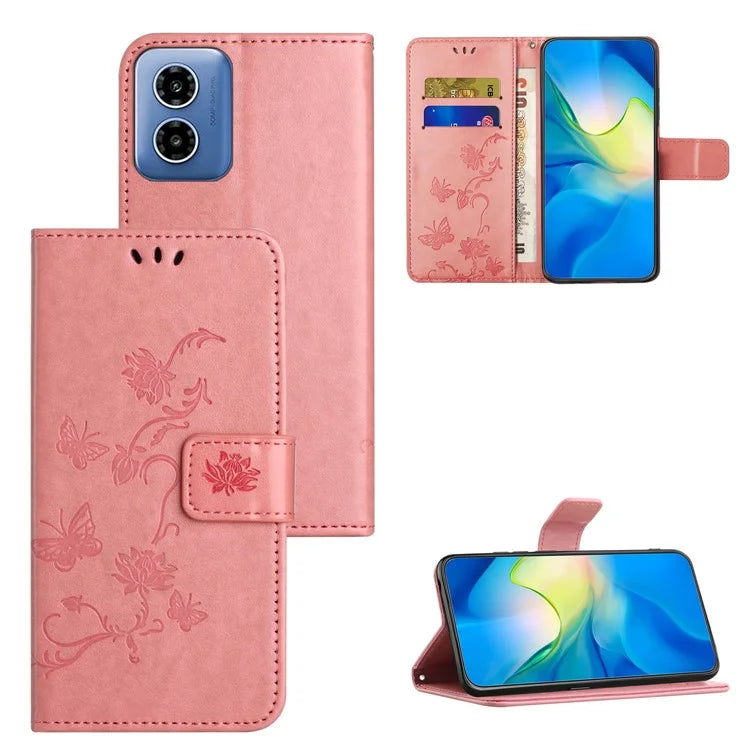 For Motorola Moto G04 4G / G24 4G Wallet Case PU Leather Stand Butterfly Flower Phone Cover