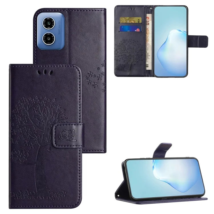 For Motorola Moto G04 4G / G24 4G Leather Case Wallet Phone Cover Imprinted Owl Tree