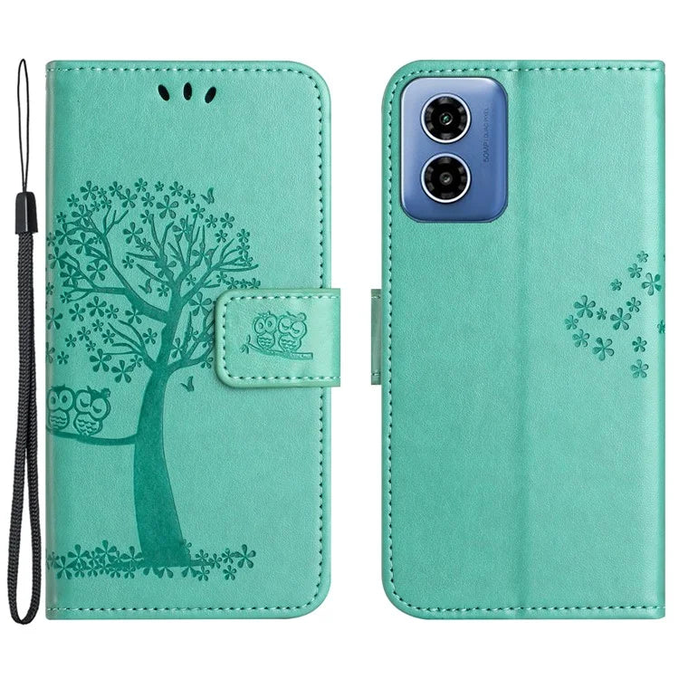 For Motorola Moto G04 4G / G24 4G Leather Case Wallet Phone Cover Imprinted Owl Tree