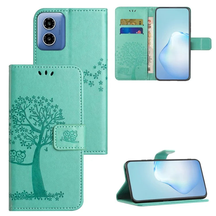 For Motorola Moto G04 4G / G24 4G Leather Case Wallet Phone Cover Imprinted Owl Tree