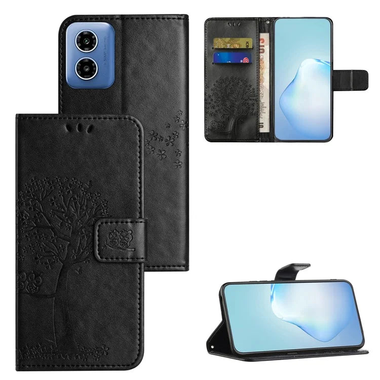 For Motorola Moto G04 4G / G24 4G Leather Case Wallet Phone Cover Imprinted Owl Tree