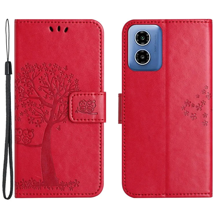 For Motorola Moto G04 4G / G24 4G Leather Case Wallet Phone Cover Imprinted Owl Tree