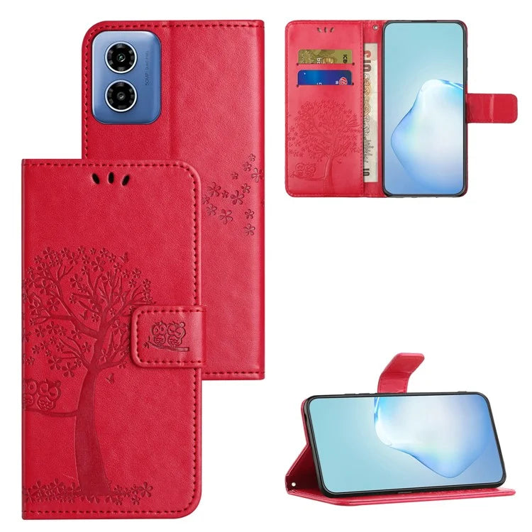 For Motorola Moto G04 4G / G24 4G Leather Case Wallet Phone Cover Imprinted Owl Tree