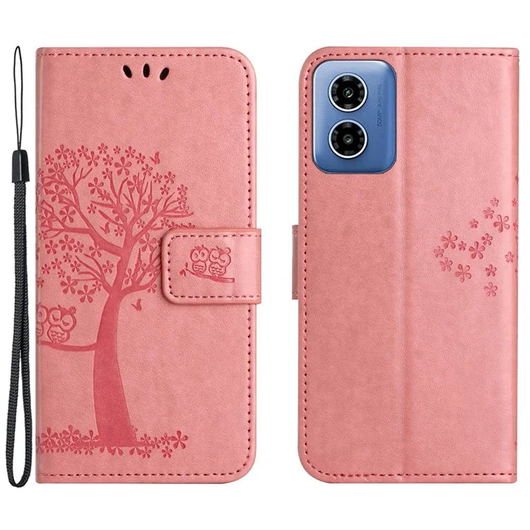 For Motorola Moto G04 4G / G24 4G Leather Case Wallet Phone Cover Imprinted Owl Tree